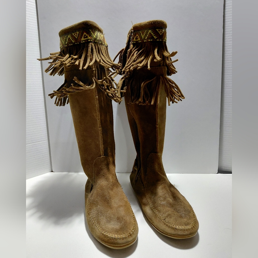 Minnetonka Tan Suede Fringe Knee High Boots- Size 10